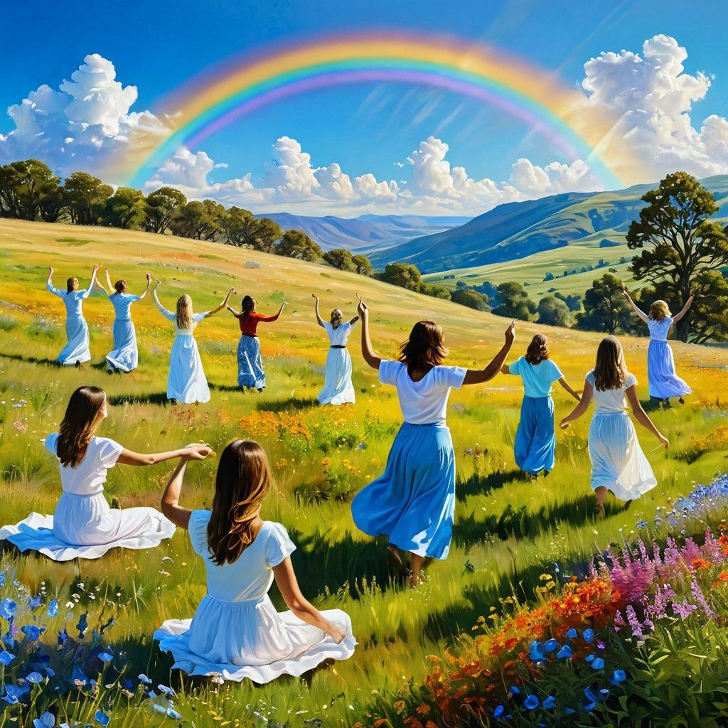 A serene landscape depicting a sunlit meadow filled with vibrant wildflowers and gentle hills in the background. In the center, a diverse group of people joyfully engaging in various uplifting activities, such as dancing, painting, and meditating, with smiles and laughter. Above, a bright blue sky with fluffy clouds and a rainbow to symbolize happiness and contentment. The overall atmosphere radiates warmth and positivity. super-realistic. vibrant colors. natural light.