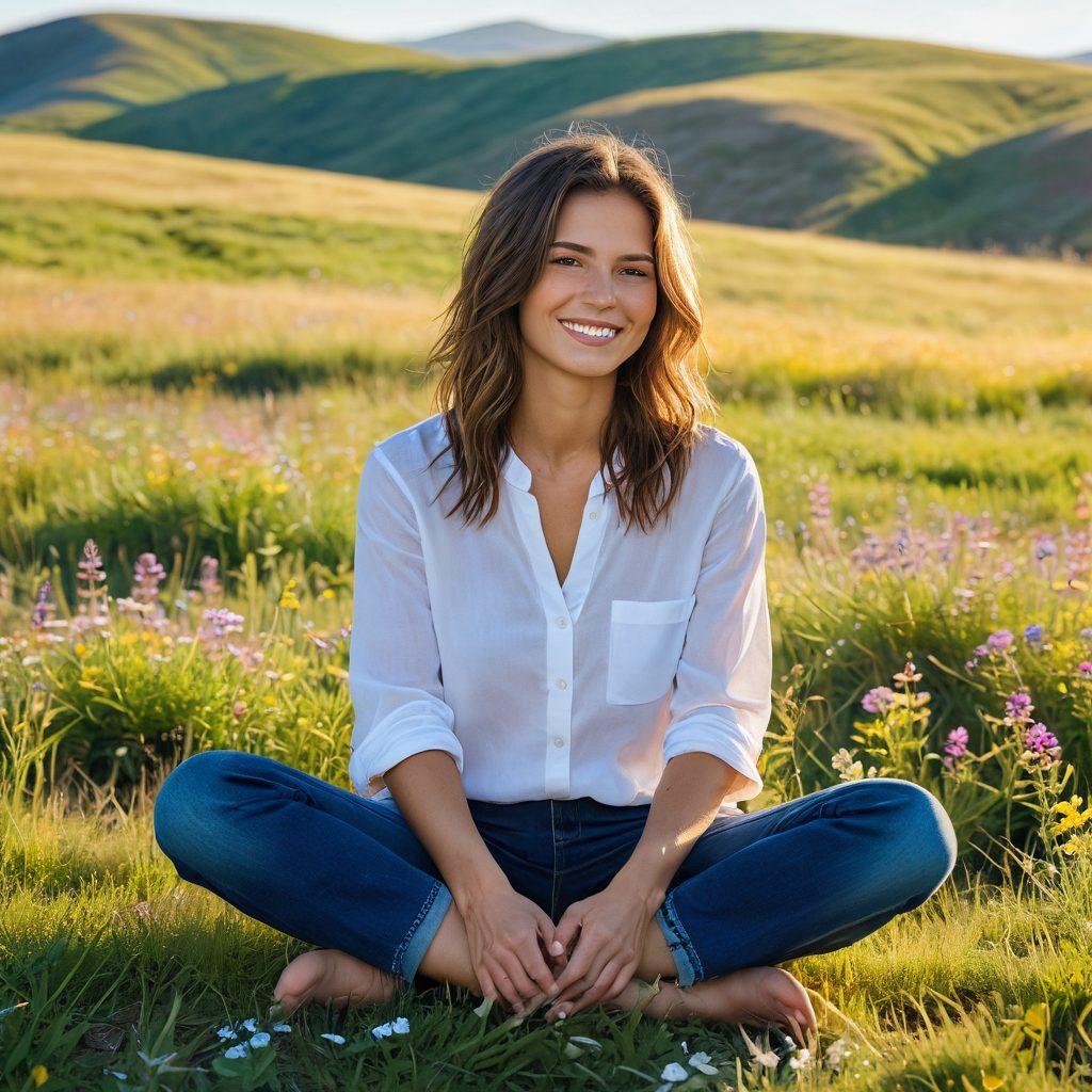 A person sitting cross-legged in a sunlit meadow, surrounded by colorful wildflowers, with a gentle breeze rustling through their hair. They wear a serene smile, embodying joy and inner peace, while a soft golden light envelops them. In the background, rolling hills and a bright blue sky enhance the scene of tranquility. Create a sense of blissful harmony and uplifting energy. vibrant colors. painting.