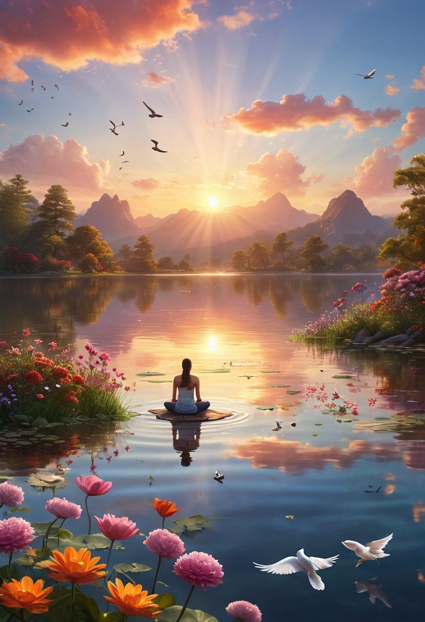 A serene landscape featuring a sunrise over a tranquil lake, with vibrant flowers blooming around. A person meditating peacefully in a yoga pose, surrounded by soft rays of sunlight breaking through fluffy clouds. Gentle ripples in the water reflecting the warm colors of the dawn. Include uplifting symbols like butterflies and doves in the scene. super-realistic. vibrant colors. soothing atmosphere.
